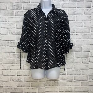 Caviar Semi Black Sheer White Polka Dot 1/2 Ruffled Tie Sleeves Fitted Blouse M